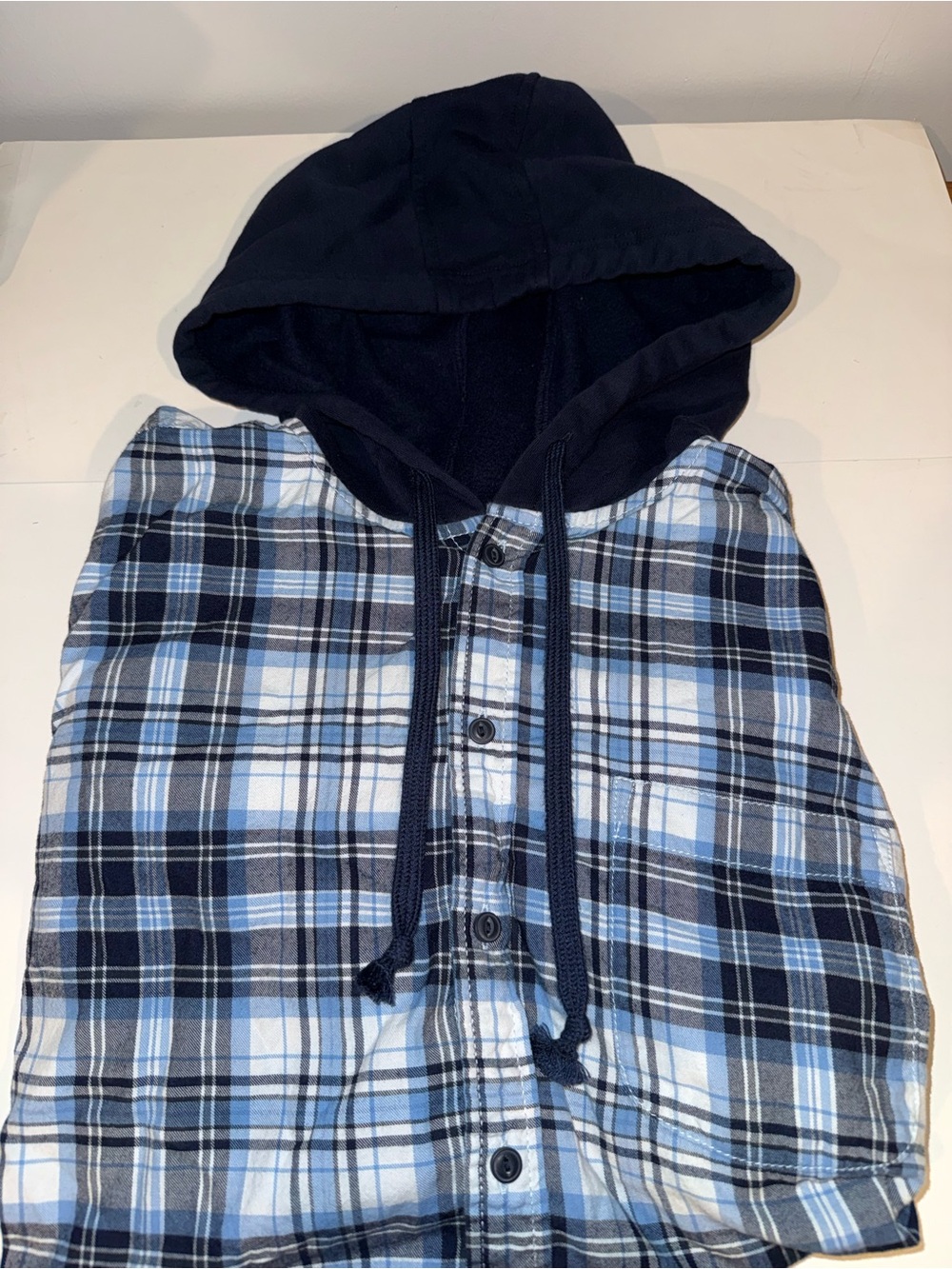 American Rag Navy Hooded Blue Plaid Cotton Button Down Shirt w/Hood Medium